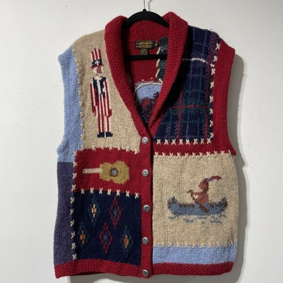Eddie Bauer American Cabin Themed Button Up Wool Sweater Vest Size Medium - Picture 1 of 5